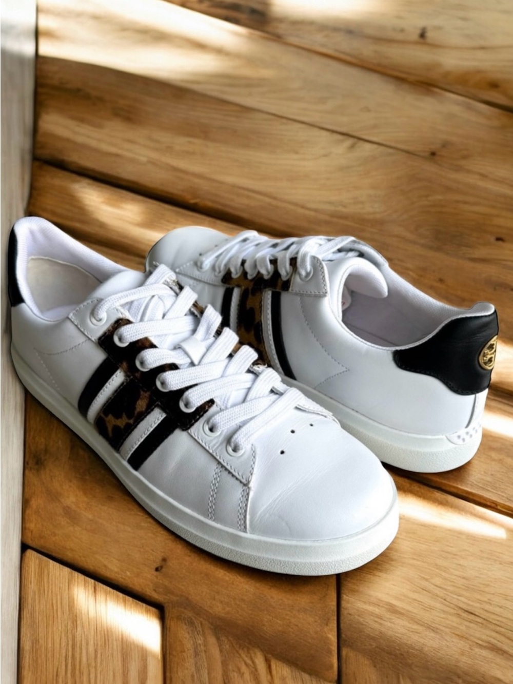 Tory Burch Howell T Saddle Court Sneakers White Barbados Leopard